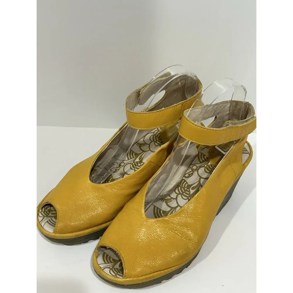 fly London leather sandal Yellow Ankle Strap Platform Size 8